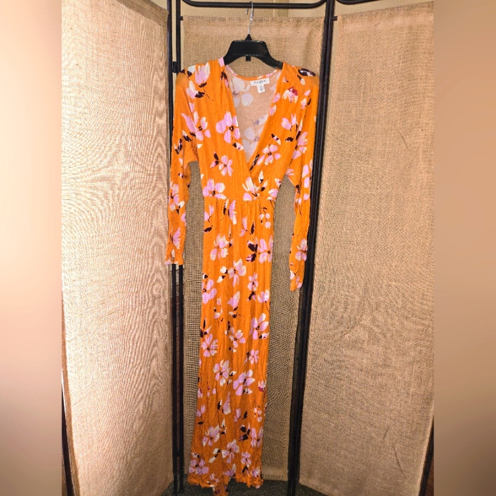Women's Motherhood Maternity Orange Floral Maxi Dress With Tie Size Large